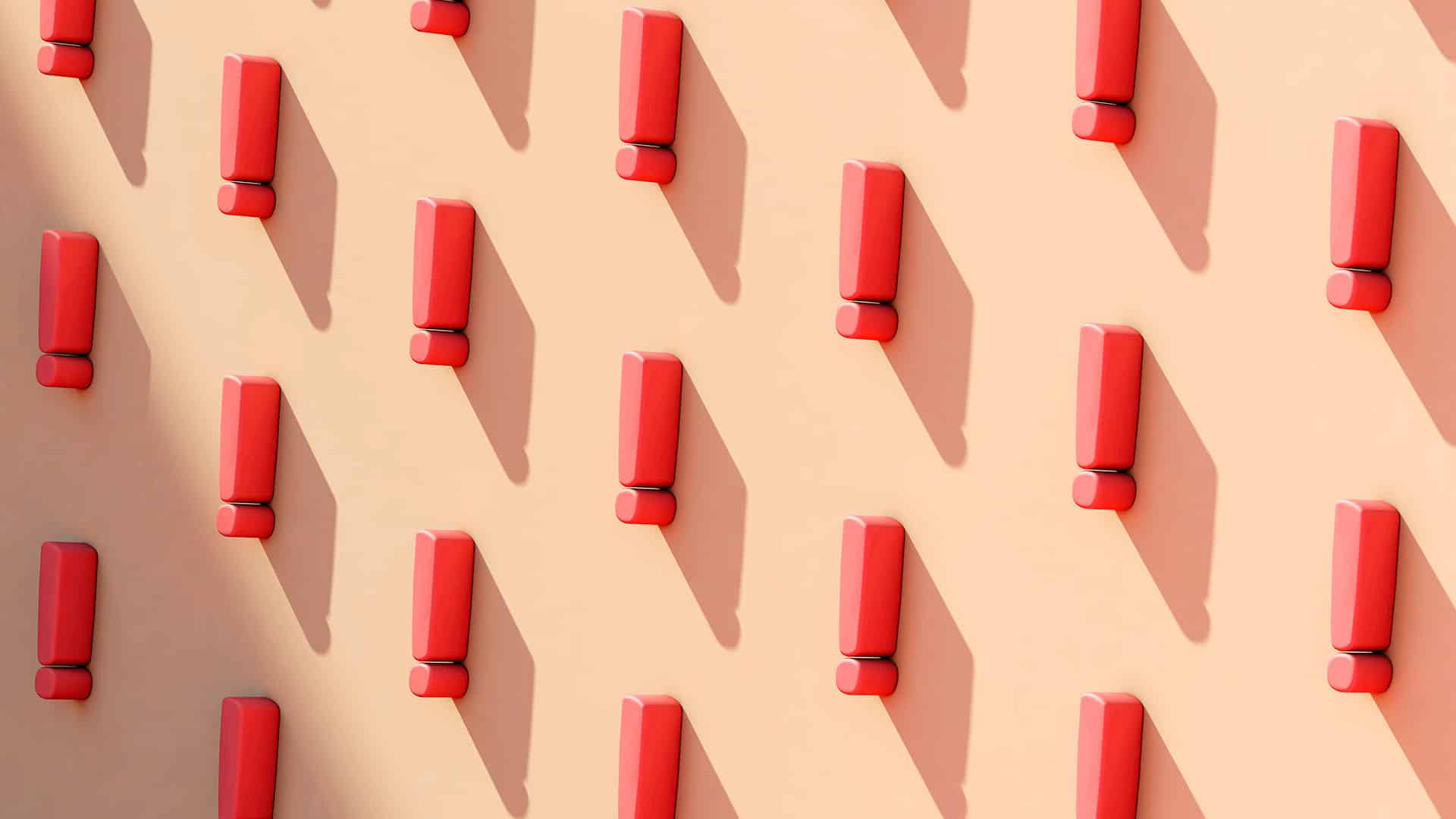 Repeating pattern of red exclamation points casting shadows on a peach background.
