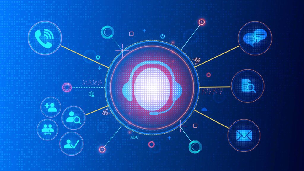 Headset agent connected to phone, chat, email, and contact icons across omnichannel channels.
