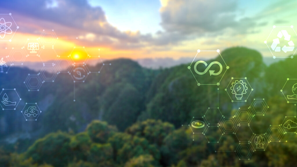 Mountain landscape at sunrise with sustainability and recycling technology icons overlay